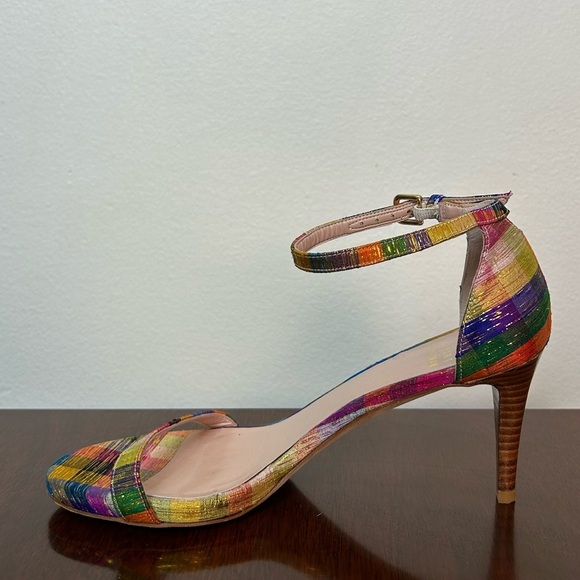 STUART WEITZMAN Metallic Rainbow Plaid Leather Ankle Strap Nunaked Sandals Heel - Picture 4 of 11